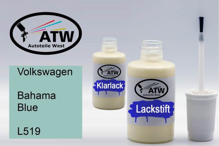 Volkswagen, Bahama Blue, L519: 20ml Lackstift + 20ml Klarlack - Set, von ATW Autoteile West.